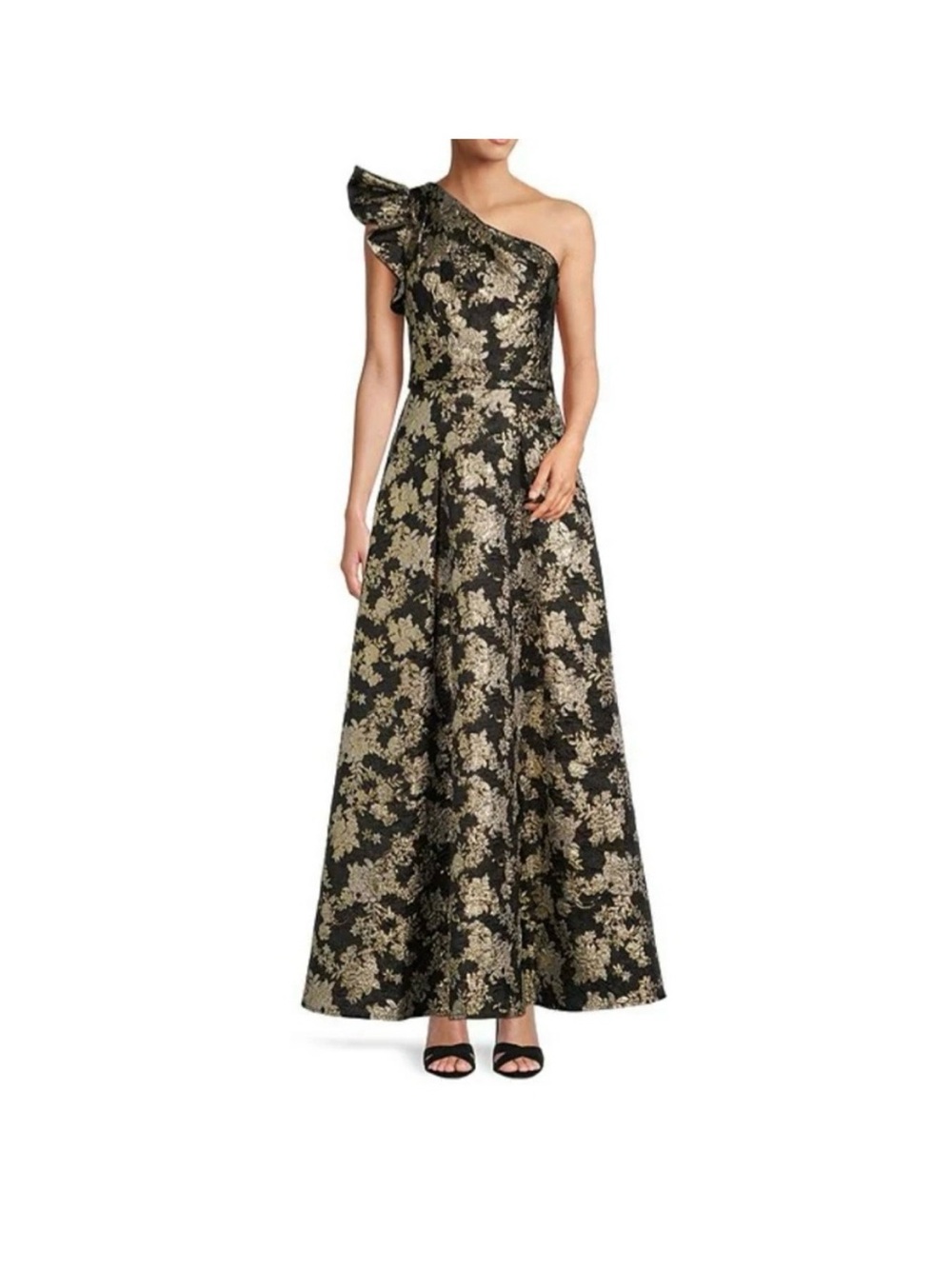 Antonio Melanie - size 12 One-Shoulder Black and Gold Floral Evening Gown